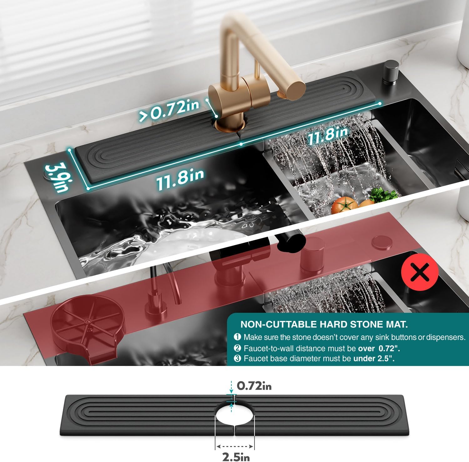 Kitchen Sink Splash Guard – Stone Diatomite Faucet Drying Matt, Modern Kitchen Sink Accessories for Countertop (Dark Grey, 23.6"x3.9")