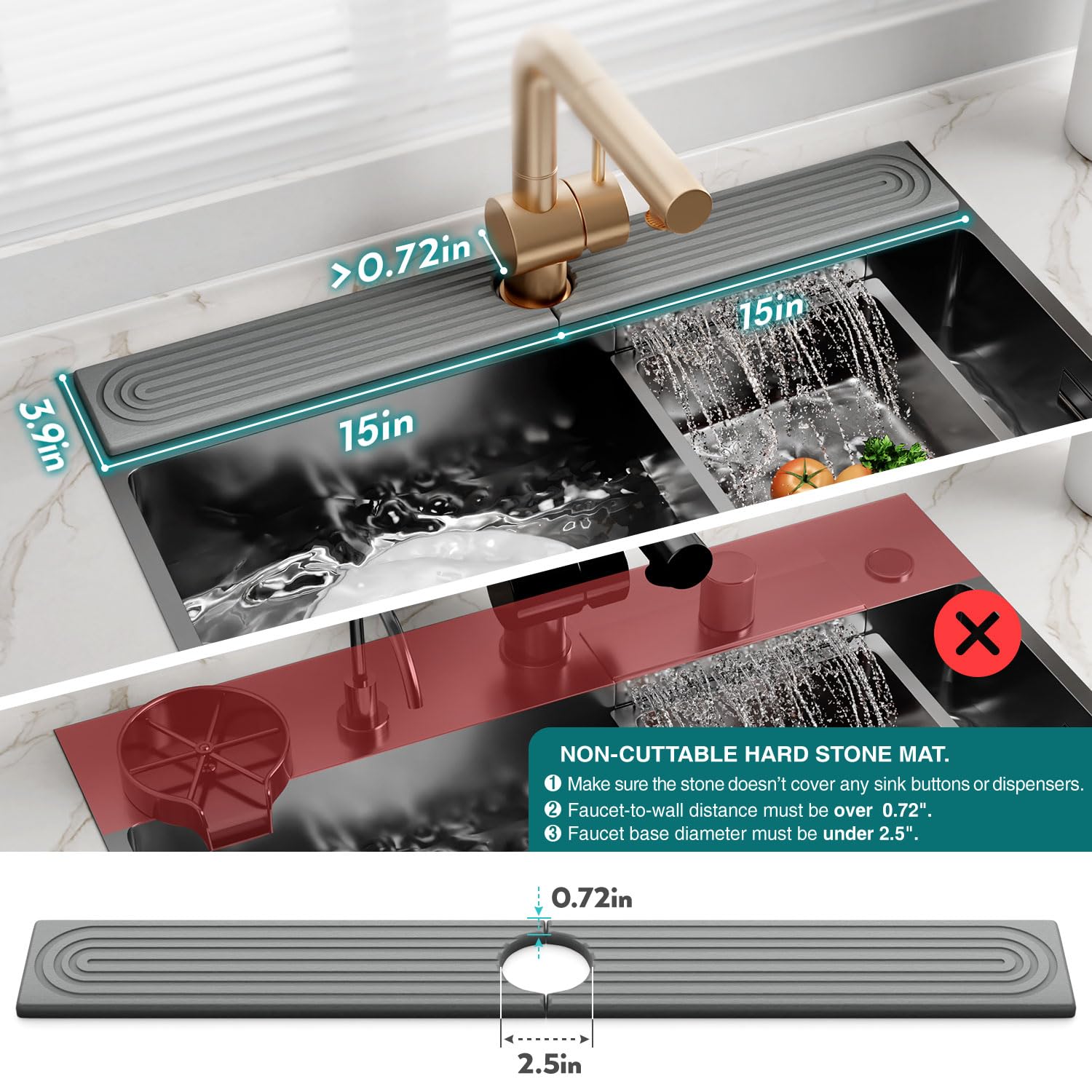 Kitchen Sink Splash Guard – Stone Diatomite Faucet Drying Mat, Modern Kitchen & Bathroom Sink Accessories for Counter (Dark Grey, 23.6"x3.9")