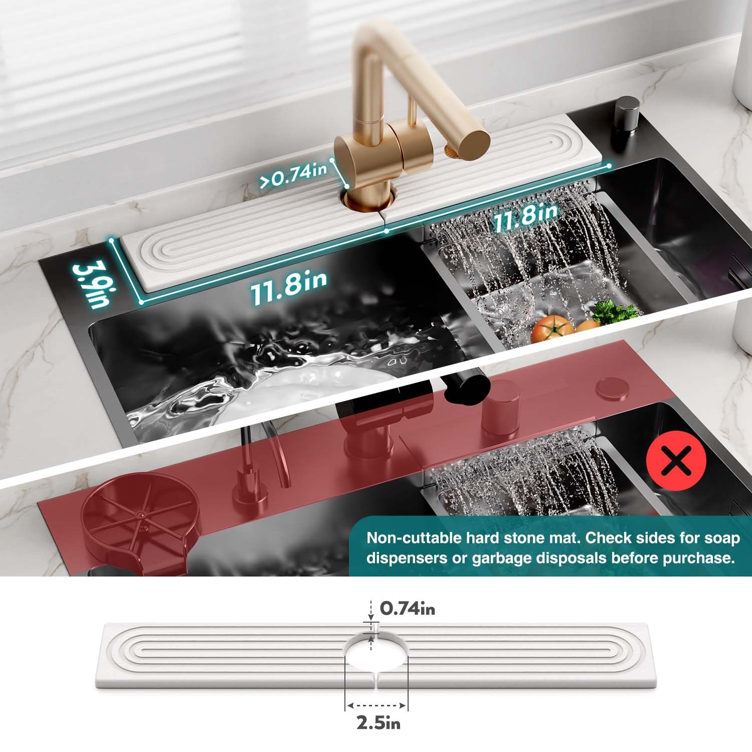 Faucet Mat for Kitchen Sink – Diatomite Drying Stone Mat & Sink Protector, Prevent Moisture – Sink Splash Guard Water-Absorbing Stone Tray for Bathroom Counter (Light Grey,23.6" x 3.9")