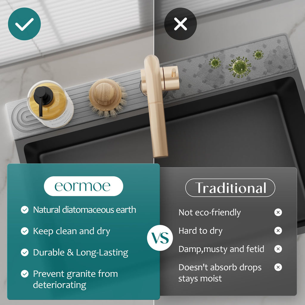 Faucet Mat for Kitchen Sink – Diatomite Drying Stone Mat & Sink Protector, Prevent Moisture – Sink Splash Guard Water-Absorbing Stone Tray for Bathroom Counter (Light Grey,23.6" x 3.9")