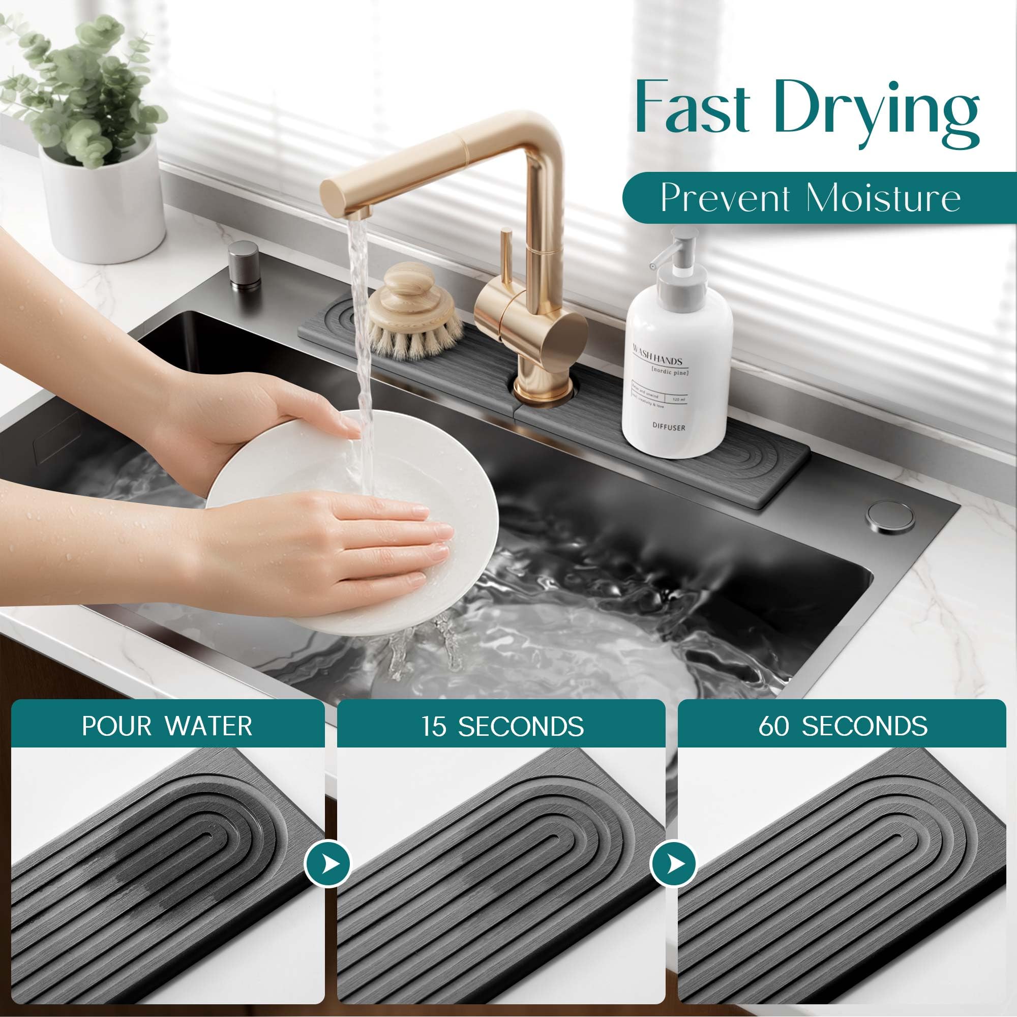 Kitchen Sink Splash Guard – Stone Diatomite Faucet Drying Mat, Modern Kitchen & Bathroom Sink Accessories for Counter (Dark Grey, 23.6"x3.9")
