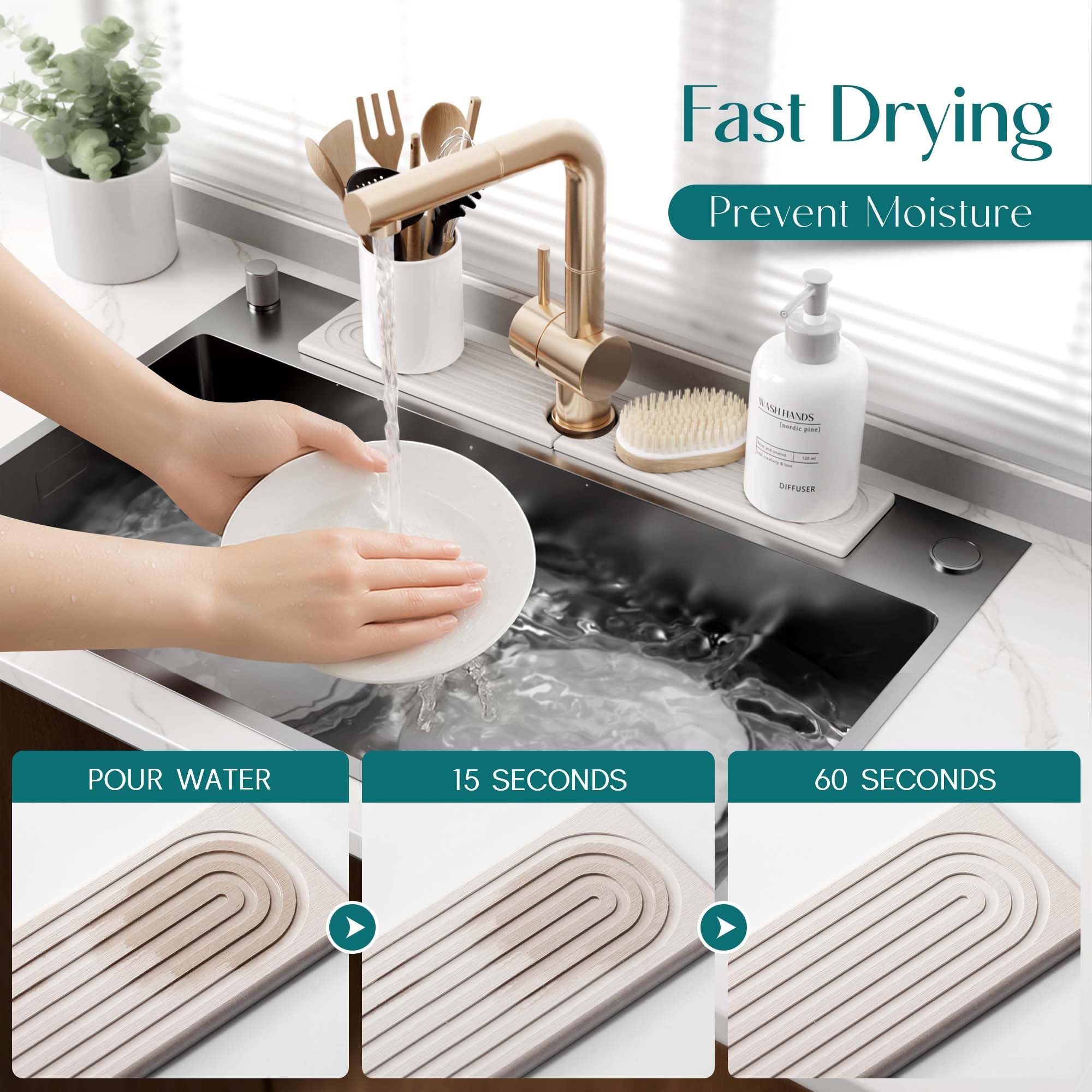 Faucet Mat for Kitchen Sink – Diatomite Drying Stone Mat & Sink Protector, Prevent Moisture – Sink Splash Guard Water-Absorbing Stone Tray for Bathroom Counter (Light Grey,23.6" x 3.9")