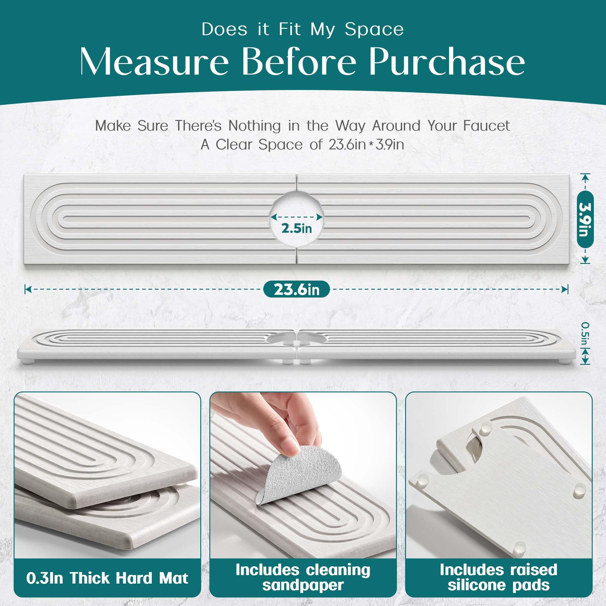 Faucet Mat for Kitchen Sink – Diatomite Drying Stone Mat & Sink Protector, Prevent Moisture – Sink Splash Guard Water-Absorbing Stone Tray for Bathroom Counter (Light Grey,23.6" x 3.9")