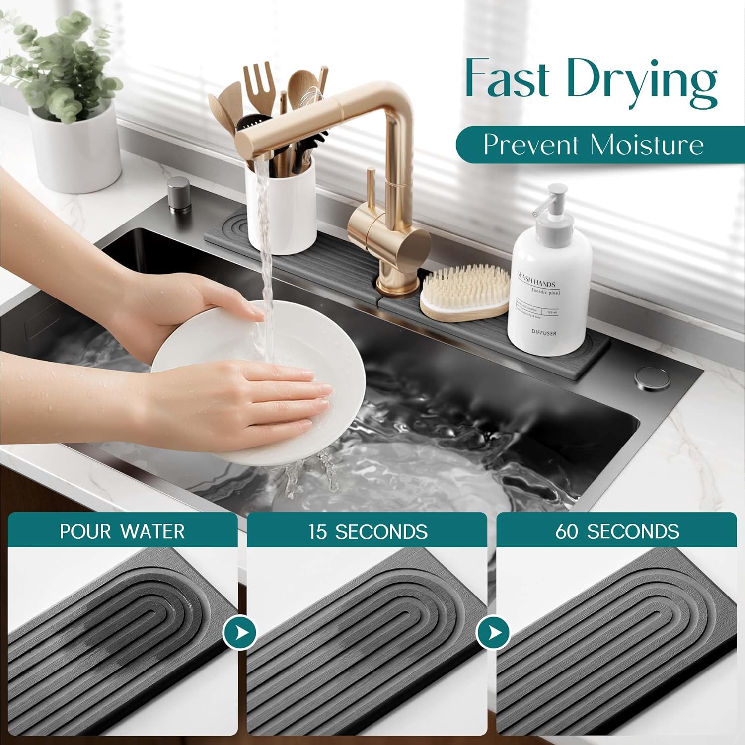Kitchen Sink Splash Guard – Stone Diatomite Faucet Drying Matt, Modern Kitchen Sink Accessories for Countertop (Dark Grey, 23.6"x3.9")