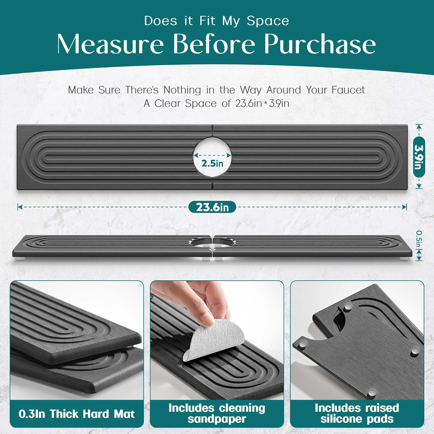 Kitchen Sink Splash Guard – Stone Diatomite Faucet Drying Matt, Modern Kitchen Sink Accessories for Countertop (Dark Grey, 23.6"x3.9")