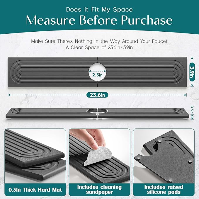 Kitchen Sink Splash Guard – Stone Diatomite Faucet Drying Mat, Modern Kitchen & Bathroom Sink Accessories for Counter (Dark Grey, 23.6"x3.9")